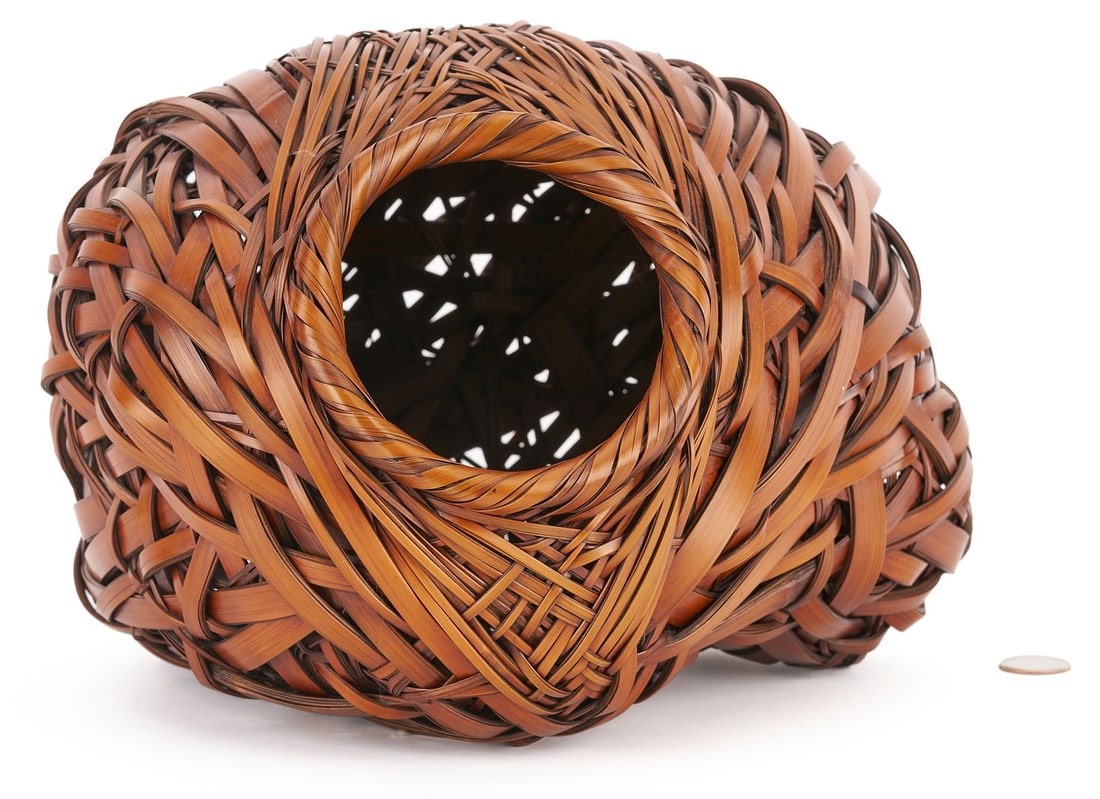 Mimura Chikuho Sculptural Basket, Cave: Mimura Chikuho (Japanese, b. 1973) sculptural basket titled "Cave", constructed with madake and rattan. Retains the original box and original receipt from the Tai Gallery in Sante Fe, NM. 12 1/2 in. x