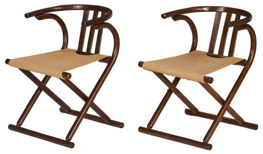 Pair of Mid-Century Thonet-Style Bentwood Folding Chairs: Pair of Mid-Century Thonet-Style bentwood and beige canvas folding chairs, unmarked. 28 1/2 in. H x 19 1/2 in. W x 17 1/2 in. D. Additional high-resolution photos are available at caseantiques.com