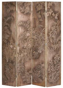 Max Kuehne Silver Gilt Screen: Max Kuehne (American, 1880 - 1968) four-panel redwood, silver gilt and gesso screen with elaborate incised floral and foliate decoration. Signed on the lower left side of the far right panel. 66 in.