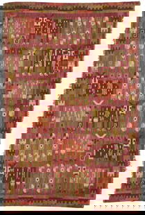 Marta Maas Fjetterstrom Mid Century Rug: Marta Maas Fjetterstrom (Swedish, 1873-1941) signed hand woven wool tapestry or carpet, featuring cow designs interspersed with stylized patches of grass and flowers on a muted red ground. Geometric b