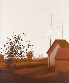 Large Robert Kipniss Oil Landscape, Sheds & Trees