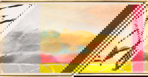Ronnie Landfield Acrylic Painting, Between Spring and Summer: Ronnie Landfield (New York, b. 1947) acrylic on canvas painting, "Between Spring and Summer," 1990/91. White, red, and yellow fields with rigid black linear elements