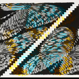Large Donald Sultan Serigraph, Butterflies: Donald Keith Sultan (North Carolina/New York, b.1951) Pop Art screenprint titled "Monarchs" that depicts bright yellow and blue butterflies against a black ground. Numbered 23/75, lower right margin.
