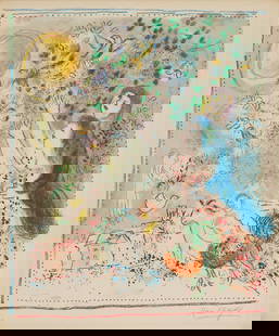 Marc Chagall Signed Lithograph, Chasing The Bluebird (La Chasse a l'Oiseau bleu): Marc Chagall (French/Russian, 1887-1985) lithograph in colors entitled La Chasse a l'Oiseau bleu (Chasing the Bluebird), 1969. On Arches paper with watermark center right. Pencil signed, lower right,