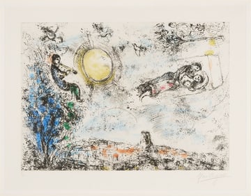 Marc Chagall Etching & Aquatint, Les Amoureux dans le ciel a St Paul