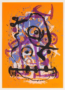 Joan Miro Lithograph, Horse Ride (Orange): Joan Miro (Spanish, 1893-1983) abstract lithograph on Rives paper, &quot;Chevauchee (Horse-ride) Orange,&quot; 1969. Printed and published by Maeght Editeur, Paris. Signed in pencil, lower right, and