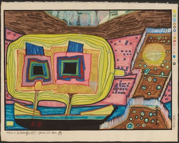 Friedensreich Hundertwasser Woodcut, Two Trees on Board of Regentag