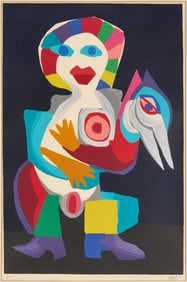 Large Karel Appel Signed Lithograph, Woman with Bird