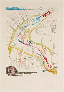 Large Salvador Dali Etching & Lithograph, Frozen Watches of Space Time: Salvador Dali (Spanish, 1904-1989) etching, drypoint, and color lithograph with embossing on Arches wove paper, "Les Montres gelantines se l'espace-temps (The frozen watches of space-time)," 1974. Fro