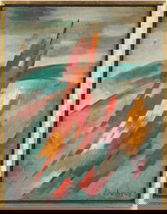 Philip Perkins Abstract Oil, Gold Frame: Philip Perkins (American/Tennessee, 1907-1970) oil on canvas abstract painting featuring swaths of red, orange and white on a variegated blue/green/gray background. Signed "Perkins" lower