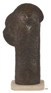 Large Olen Bryant Bronze Sculpture: Olen Bryant (American/Tennessee, 1927-2017) bronze sculpture of a winged figure with halo mounted onto an oval stone base. Unsigned. 28 1/2 in. H x 14 in. W x 8 in. D. Circa 1998. Note: this is an unu