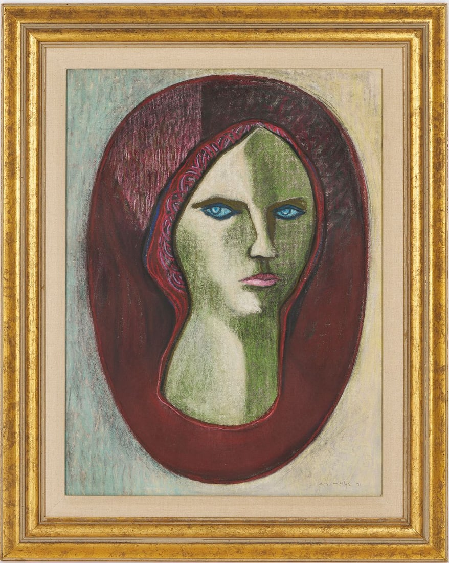 Meyer Wolfe Pastel Portrait, Head of a Woman, Poss. Louise Dahl-Wolfe: Meyer R. Wolfe (Tennessee/New York, 1897-1985) pastel drawing of the head of a woman, possibly the artist's wife Louise Dahl-Wolfe. Green and white hues describe the shadows and highlights on