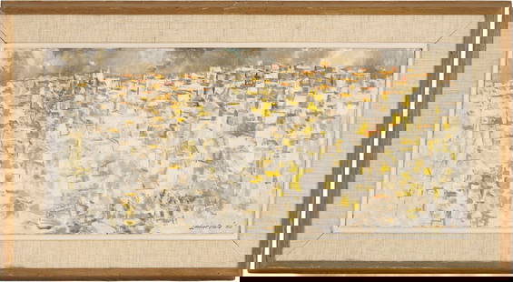 Lamar Dodd Abstract Painting: Lamar William Dodd (Georgia/New York, 1909-1996), "Sicily Hilltop", large panoramic abstract oil depicting houses on a hillside. Signed lower left, "Lamar Dodd '60". Exhibition labels verso include a