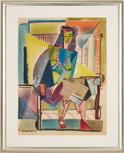Grace Martin Taylor Mixed Media Cubist Portait of a Woman: Grace Martin Frame Taylor (West Virginia, 1903-1995) watercolor with tempera, crayon, and collage, "Portrait of Lyle," 1948. A woman seated in a domestic setting wears a necklace and red shoes and on