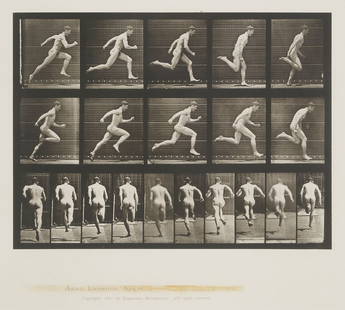 Eadweard Muybridge Animal Locomotion Collotype, Running at Full Speed: Eadweard Muybridge (English/ American, 1830-1904) collotype, Plate 63 (running at full speed) from Animal Locomotion, 1887. With printed series title, plate number, and copyright information, lower ma