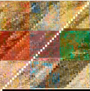Large Hilario Gutierrez Polyptych, Cross at Marble Canyon: Hilario Gutierrez (Arizona, b. 1950) abstract acrylic on canvas mounted on board polyptych titled "Cross at Marble Canyon." Consists of nine (9) individual paintings in various pri