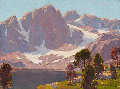 Edgar Alwin Payne O/B California Mountain Landscape Painting, Sierra Lake: Edgar Alwin Payne (Missouri/California, 1883-1947) oil on board mountain landscape that depicts a placid lake in the High Sierras, likely Mono Lake, with barren mountains covered with scattered snowfa