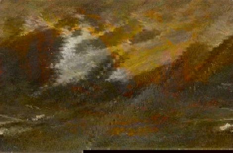 William Keith O/C Pastoral California Landscape w/ Cattle: William Keith (California/Scotland, 1838-1911) oil on canvas Northern California landscape painting with cows gathered around a small pond in a loosely painted, atmospheric setting. A home stands on