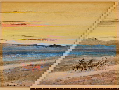 Edward Borein Western Watercolor: John Edward Borein (California, 1872-1945) watercolor on paper Western landscape painting depicting two men driving a horse-drawn wagon along a dirt road, with low mountains rising in the distance