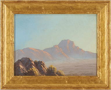 John W. Hilton O/B Western Landscape Painting: John William Hilton (American/California, 1904-1983) oil on canvasboard Western Landscape painting depicting rocky formations under a hazy blue sky. Signed lower right and dated 1951. Molded giltwood