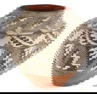 Large Native American Pottery Jar, Acoma Olla: Large Native American Acoma polychrome pottery olla having stylized black and white geometric designs including bird's head to the body with a polychrome burnt orange base and interior. 13 1/2" H x ap