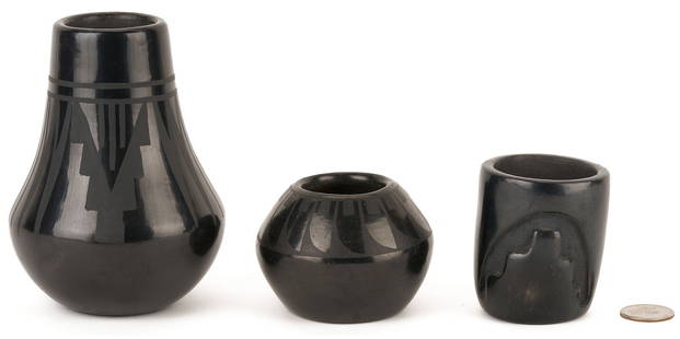3 Native American San Illdefonso Pottery Pieces, incl. Blue Corn: 1st item: A black-on-black pottery jar by Crucita Gonzales Calabaza (1921-1999) with stylized lightning designs to the lobed body and neck. Inscription on the base reading "Blue Corn / San Ildefonso
