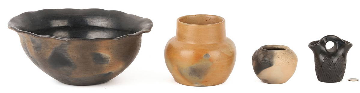 4 Native American Pottery Items, Cherokee & Catawba: 1st item: Small Cherokee pottery wedding vase with black fired glaze and incised diamond decoration, signed on the base "by Bigmeat/ Cherokee, NC". 4 in. H. 2nd item: Small Cherokee pottery vase with