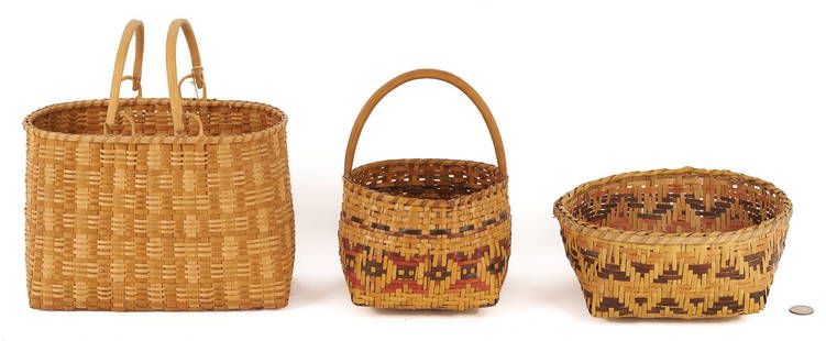 3 Native American Cherokee Baskets: Group of three (3) Native American Cherokee baskets including 1 small square form rivercane basket with walnut and bloodroot weavers, 1 tray form rivercane basket with walnut and butternut weavers,