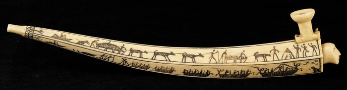 Native American Inuit or Eskimo Carved Figural Scrimshaw Pipe
