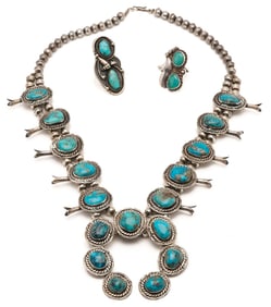 Navajo Sterling & Turqouise Squash Blossom Necklace & 2 Rings