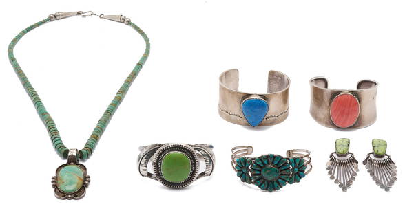 6 Sterling Silver Jewelry & Stone Jewelry Items, incl. Native American: 1st item: Ladies' sterling silver Navajo bangle bracelet featuring one (1) natural cabochon turquoise and feathered designs. The bracelet is 6" in size. 44.34 gross grams. 2nd item: Ladies' sterling s