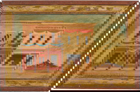 Philip Campbell Curtis Surrealist Architectural Painting: Philip Campbell Curtis (Arizona/Michigan, 1907-2000) surrealist oil on panel architectural painting with two buildings in a desert landscape and a rocky mountain in the distance at right, 1970. A woma
