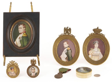 6 Napoleon Related Miniature Portraits plus 1 Medal