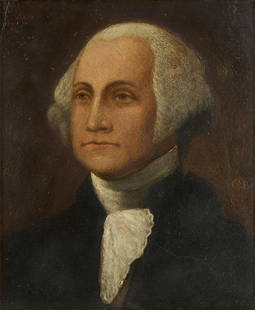 Early George Washington Portrait, poss. James Peale, ex-Dudensing: Oil on paper mounted to panel portrait of President George Washington, manner of James Peale, Sr. (Maryland/Pennsylvania, 1749-1831). Washington appears in bust-length, three-quarters view and wears a