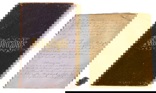 Civil War Era Autograph Album with Broadside, MS, TN, AL related: Autograph Album with pasted in Broadside and other ephemera related to CSA Capt. William H. Tabb, 14th Mississippi Co. G, Agency Rifles (b. 1837, killed in battle outside Atlanta, 1864). The album's s