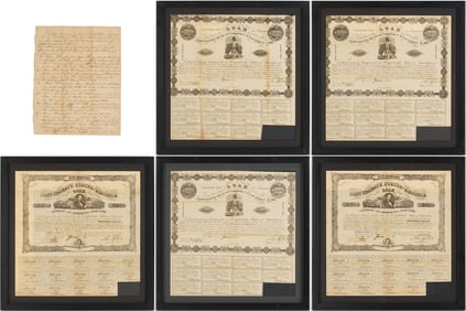 5 Framed Confederate Bond Sheets Plus Related Document
