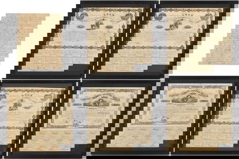 5 Framed Confederate Bond Sheets Plus Related Document: Five (5) framed Confederate Civil War bonds, plus original owner's letter. 1st-3rd Items: Three (3) Confederate $1,000 bonds, C.S.A. Act of August 19th, 1861 (Criswell 82), on white paper; with