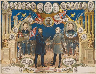United Confederate Veterans 11th Annual Reunion Chromolithograph, Memphis 1901: Souvenir United Confederate Veterans (UCV) chromolithograph poster titled "Heroes and Leaders of the Civil War – Let Us Have Peace" published by Peter Tracy, Memphis, Tennessee, 1901. Issued for the