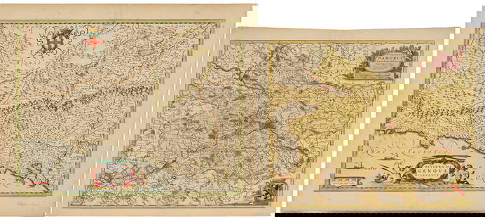 2 Early Maps of Italy and Belgium, Blaeu & Visscher: 1st item: Joan Blaeu (1596-1673), RIVIERA DI GENOVA DI LEVANTE, regional map of Liguria depicting the coastal area from Genoua to Sarzana, embellished by decorative pictures and coat of arms, from Bla