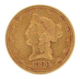 1880 $10 Liberty Head Gold Coin: 1880 $10 Liberty Head gold coin. The coin XRF tests 89.07% gold and has a weight of 16.7 grams. Additional high-resolution photos are available at caseantiques.com