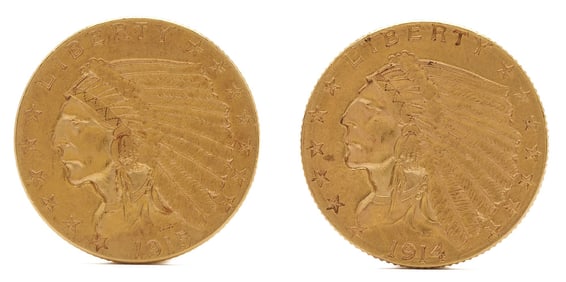 Two $2.50 Indian Head Gold Coins, dated 1914 & 1915