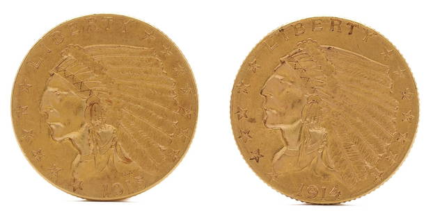 Two $2.50 Indian Head Gold Coins, dated 1914  & 1915: Group of two (2) $250 Indian Head gold coins, including a 1914 $2.50 Indian Head gold coin and a 1915 $2.50 Indian Head gold coin. The coins XRF test 89.22% gold. 4.1 grams and 4.2 grams. 8.3 total gr