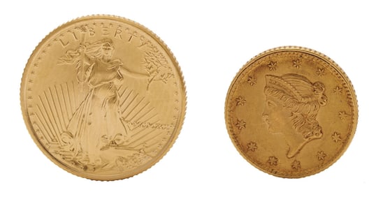 1991 $5 Gold American Eagle Coin, Cased & 1853 $1 Gold Coin
