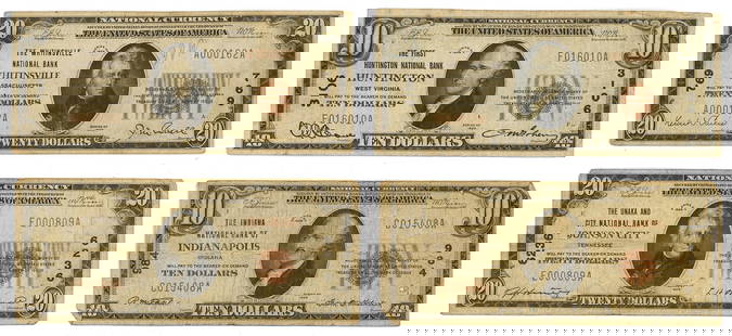 2 $20 & 2 $10 National Bank Notes: One (1) $20 national bank note from Whittensville, Massachusetts National Bank (769) series of 1929, one (1) $20 national bank note from Unaka and City National Bank of Johnson City (6236) series of 1