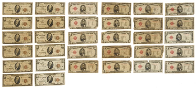 12 $10 Federal Reserve Notes & 20 $5 Red Seals