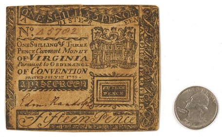 Colonial Virginia Pistereen Note, Gov. E. Randolph Signature