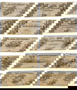 10 Bank of East TN Pre Civil War Obsolete Bank Notes: Ten (10) Bank of TN Pre Civil War Obsolete Bank Notes. 1st item: Bank of East Tennessee, Knoxville $1 note, January 1, 1850, printed by Danforth, Wright & Company of New York and Philadelphia. Portrai