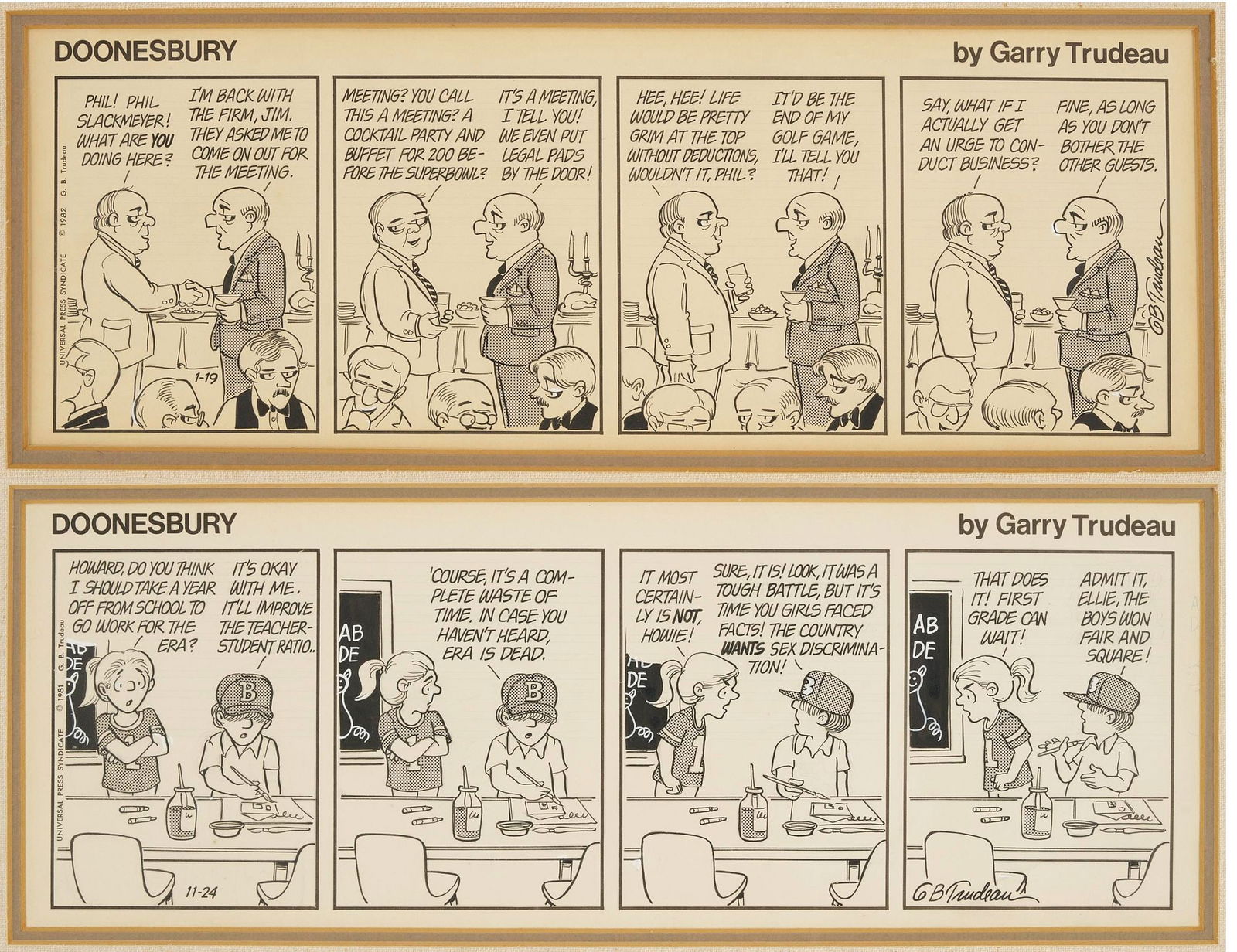 Gary Trudeau, 2 Original Doonesbury Comic Strip Illustrations: Two (2) Gary B. Trudeau (American, b. 1948) original illustrations for the comic strip Doonesbury. Pen, ink, Zipatone, and correction fluid on partially-printed paper. 1st item: Phil Slackmeyer a