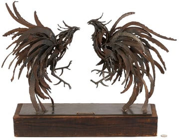 Pedro Cervantes Iron Sculpture, Fighting Cocks