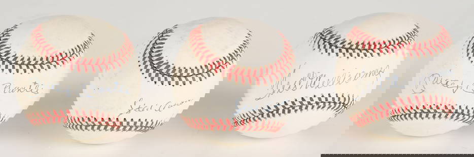 Three Signed Baseballs; Mantle, Williams, Aaron; JSA Authenticated: Three baseballs, each bearing the signature of a Hall of Fame member: Ted Williams, Hank Aaron and Mickey Mantle. The signatures have been authenticated by James Spence Authentication (JSA), lett